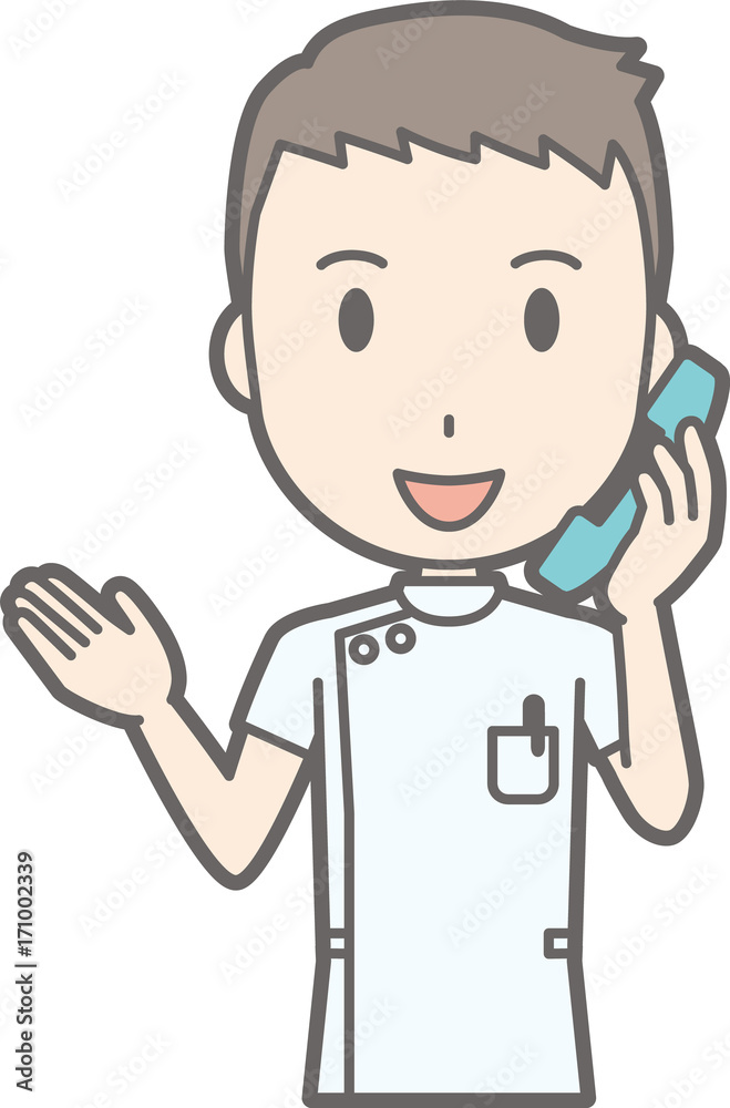 Illustration that a male nurse wearing a white coat is talking on the phone Illustration that a male nurse wearing a white coat is talking on the phone