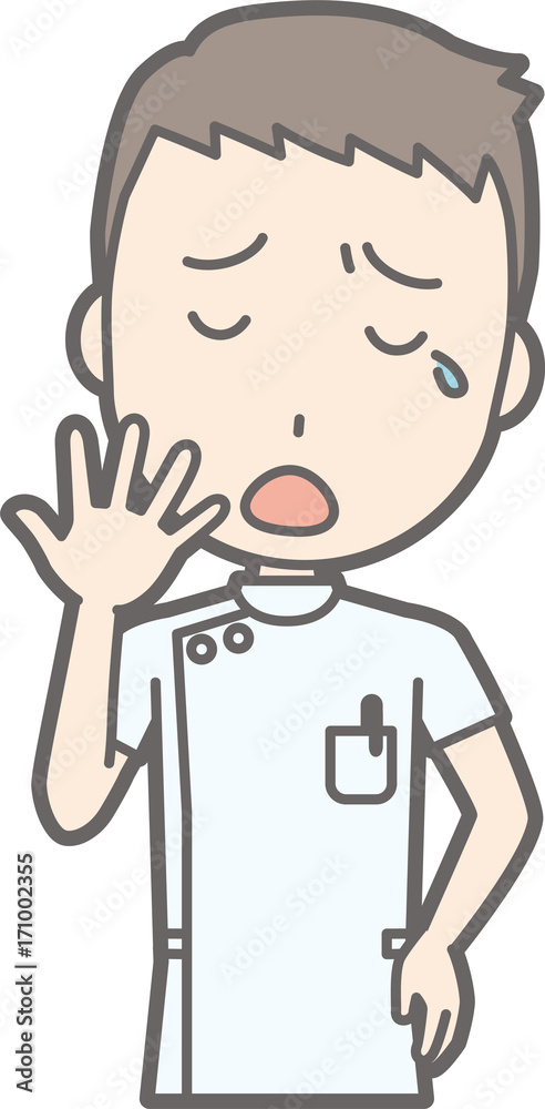 Illustration of a male nurse wearing a white clothing yawning Illustration of a male nurse wearing a white clothing yawning