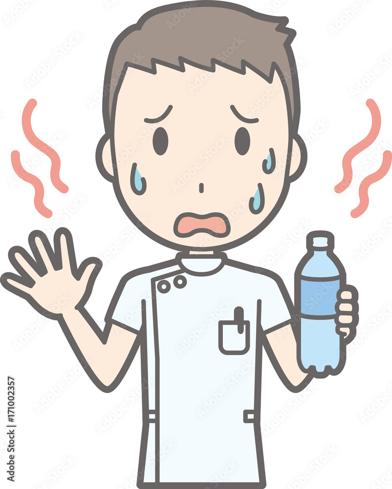 Illustration that a male nurse wearing a white suit is hot and sweaty