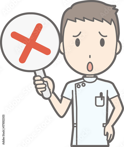 Illustration that a male nurse wearing a white suit has a tag of a cross