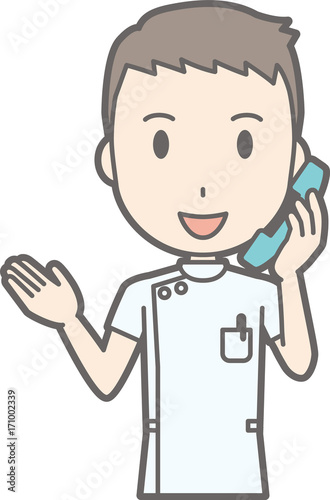 Illustration that a male nurse wearing a white coat is talking on the phone