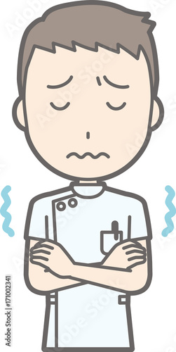 A male nurse wearing a white coat is cold and trembling illustrations