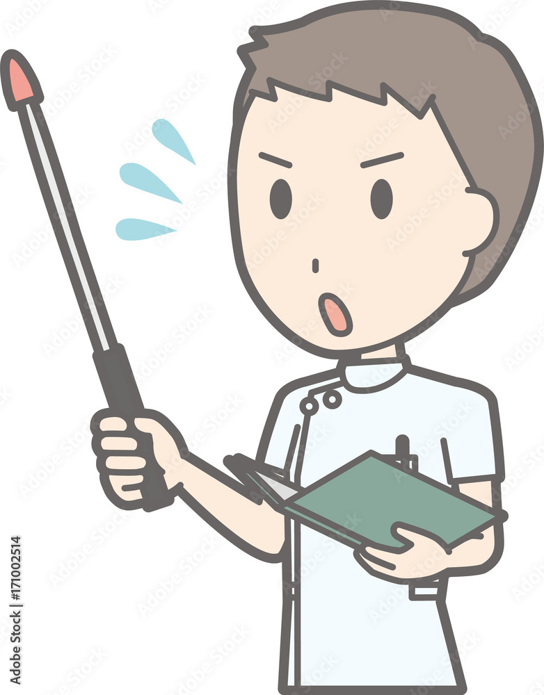 Illustration that a male nurse wearing a white suit is impatient with an instruction stick Illustration that a male nurse wearing a white suit is impatient with an instruction stick