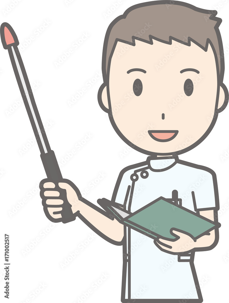 Illustration that a male nurse wearing a white suit is laughing with an instruction stick Illustration that a male nurse wearing a white suit is laughing with an instruction stick