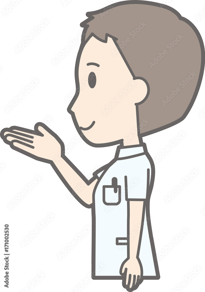 Illustration that a male nurse wearing a white suit is turning sideways