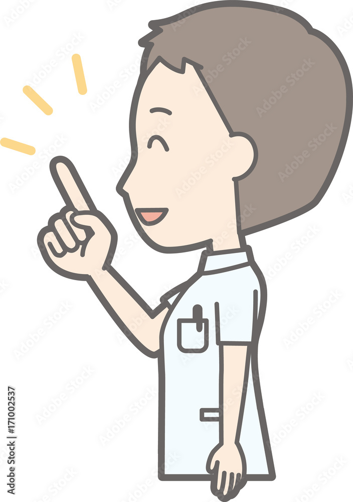 Illustration that a male nurse wearing a white coat turns sideways and points at a finger Illustration that a male nurse wearing a white coat turns sideways and points at a finger