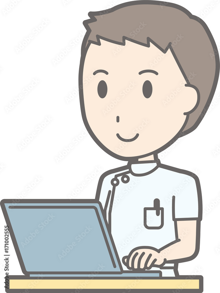 Illustration that a male nurse wearing a white coat is operating a personal computer Illustration that a male nurse wearing a white coat is operating a personal computer