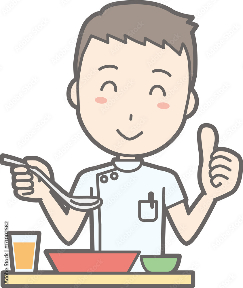 Illustration of a male nurse wearing a white coat eating meals Illustration of a male nurse wearing a white coat eating meals