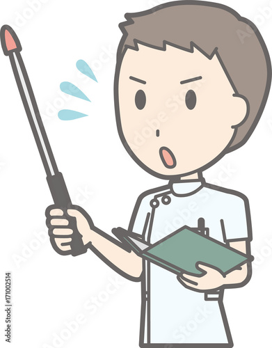 Illustration that a male nurse wearing a white suit is impatient with an instruction stick