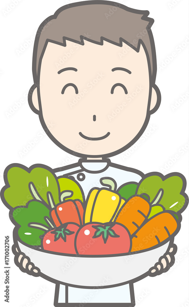 Illustration of a male nurse wearing a white suit with vegetables Illustration of a male nurse wearing a white suit with vegetables
