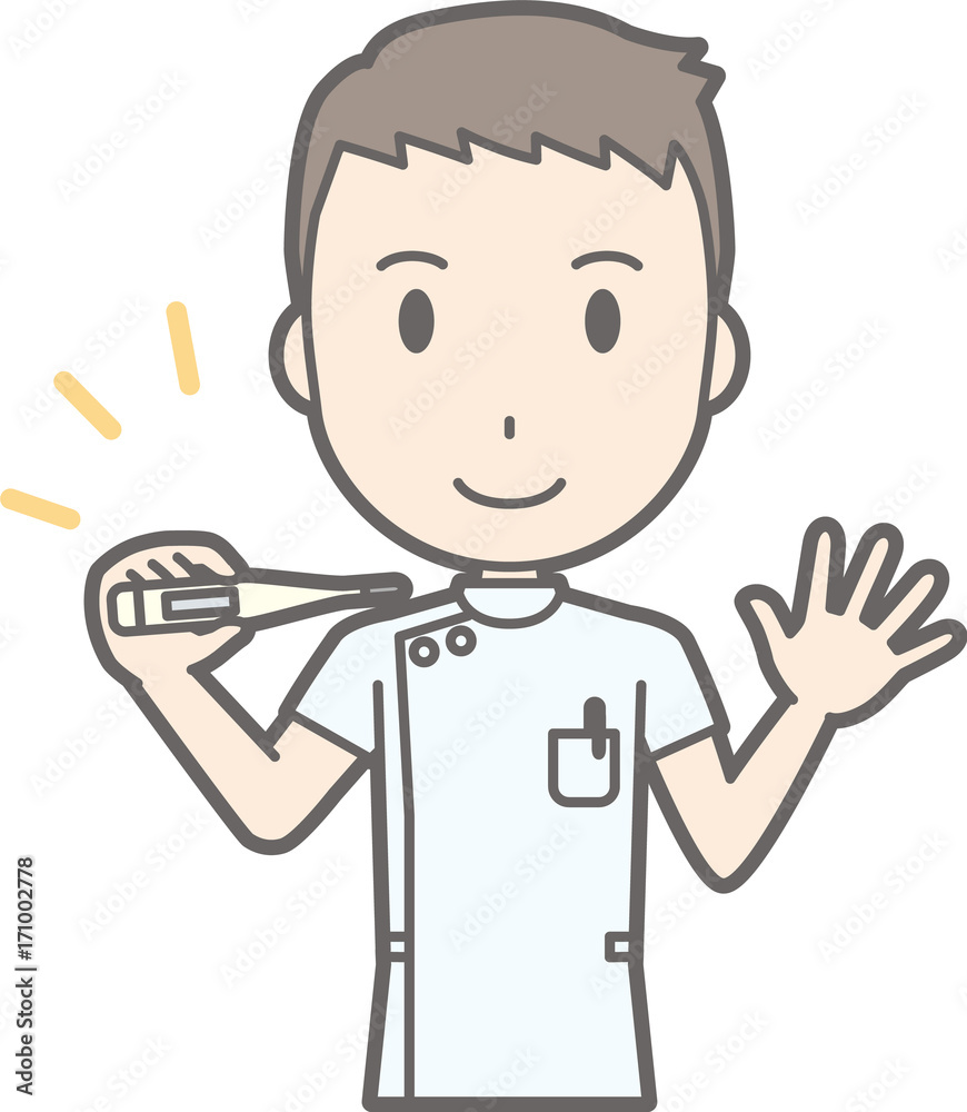 Illustration that a male nurse wearing a white coat has a thermometer Illustration that a male nurse wearing a white coat has a thermometer