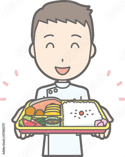Illustration that a male nurse wearing a white suit has a box lunch