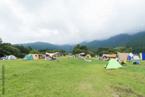 Lake and mountain view ,Camping tents in Yamanashi Prefecture, Japan .