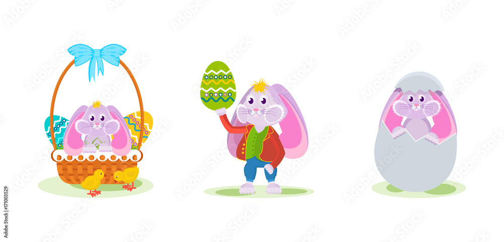 Rabbit in decorative basket, with dyed egg in hand. Rabbit in decorative basket, with dyed egg in hand.