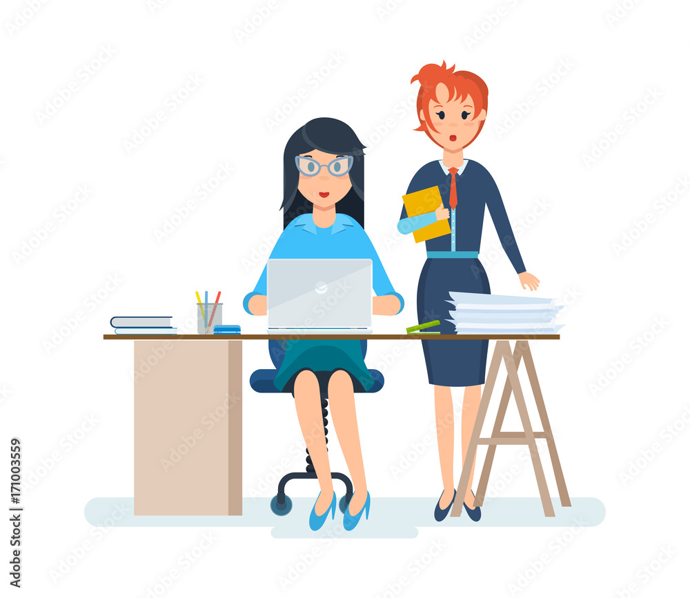 Beautiful girl working at computer, next to her colleague. Beautiful girl working at computer, next to her colleague.