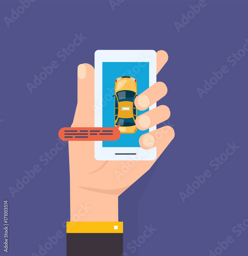 Hand holds the smartphone. Taxi service calling. Smartphone and touch.