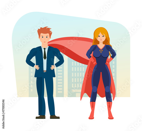 Businessman and superwoman is superheros, on background of street city.