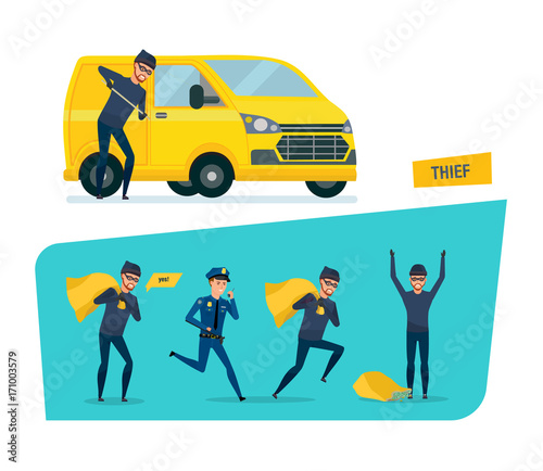Set of offenders, thief stealing money, thief hacking a car.