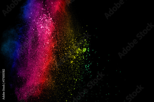 Bizarre forms of powder painted and flour combined explode in front of a black background to give off fantastic colors and forms.