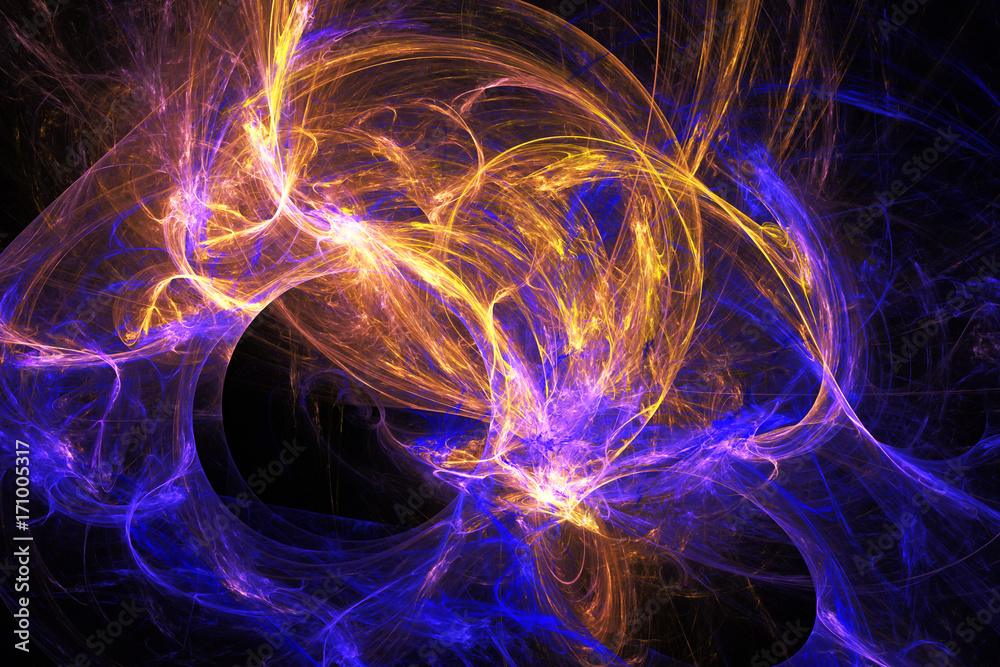 Abstract blue and gold fiery shapes on black background. Fantasy fractal texture. 3D rendering. Abstract blue and gold fiery shapes on black background. Fantasy fractal texture. 3D rendering.