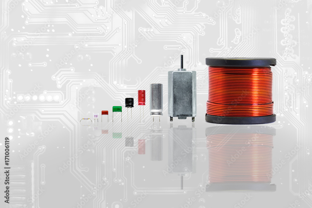 Group of electronics part with copper coil ferrite, capacitor, resistor, thermal fuse and