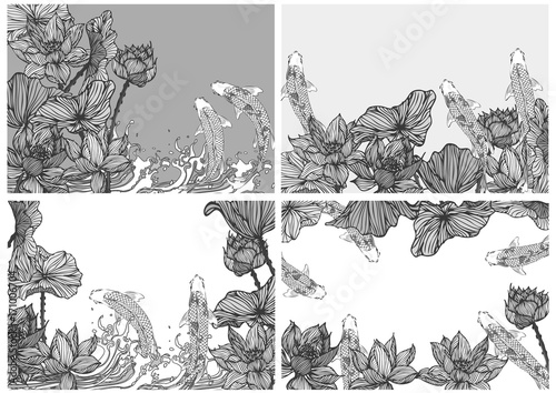 Set vector hand drawn lotus and fish for backgrounds, graphics and text.