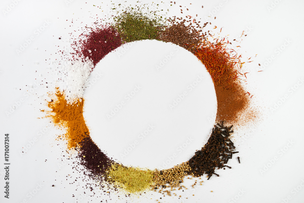 Circle frame composition of spices and herbs isolated on white - obrazy, fototapety, plakaty 
