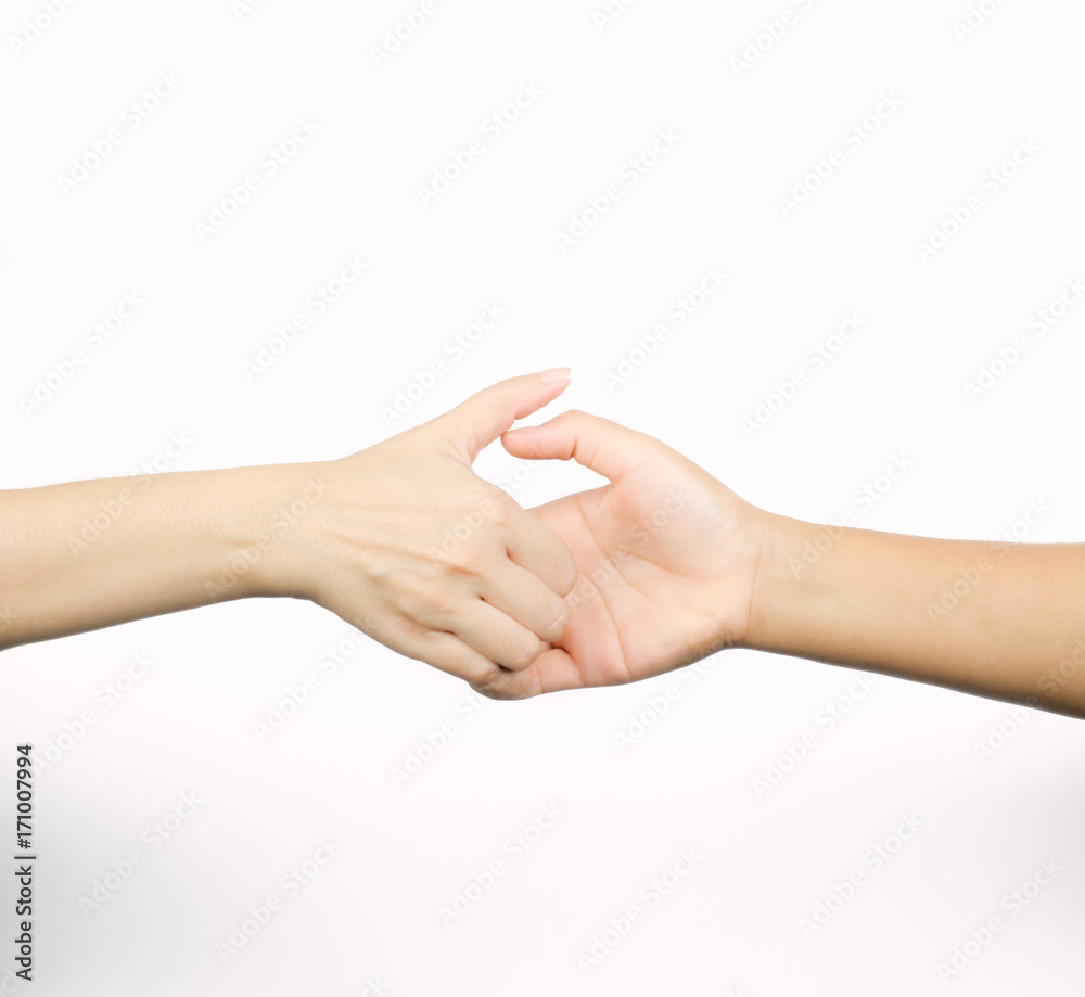 Closeup thumb wrestle between two people, a symbol of competition isolated on white background with copy space Closeup thumb wrestle between two people, a symbol of competition isolated on white background with copy space