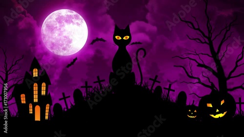 Halloween background animation with the concept of  Spooky Pumpkins, Moon and Bats and Haunted Castle and scary cat.