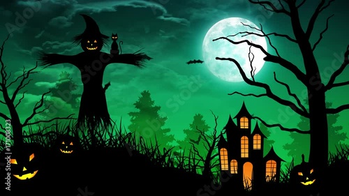 Halloween background animation with the concept of  Spooky Pumpkins, Moon and Bats and Scarecrow and Haunted Castle.