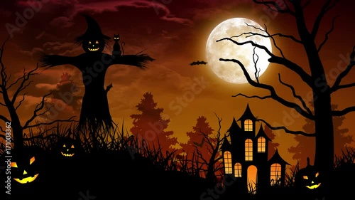 Halloween background animation with the concept of  Spooky Pumpkins, Moon and Bats and Scarecrow and Haunted Castle.