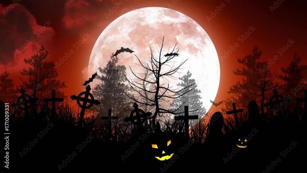 Halloween background animation with the concept of Spooky Pumpkins, Moon and Bats and Cemetery. Halloween background animation with the concept of Spooky Pumpkins, Moon and Bats and Cemetery.