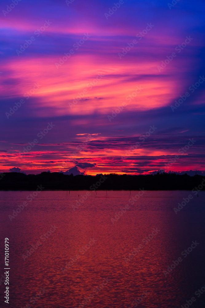 Sunset and lake and twilight sky in thailand