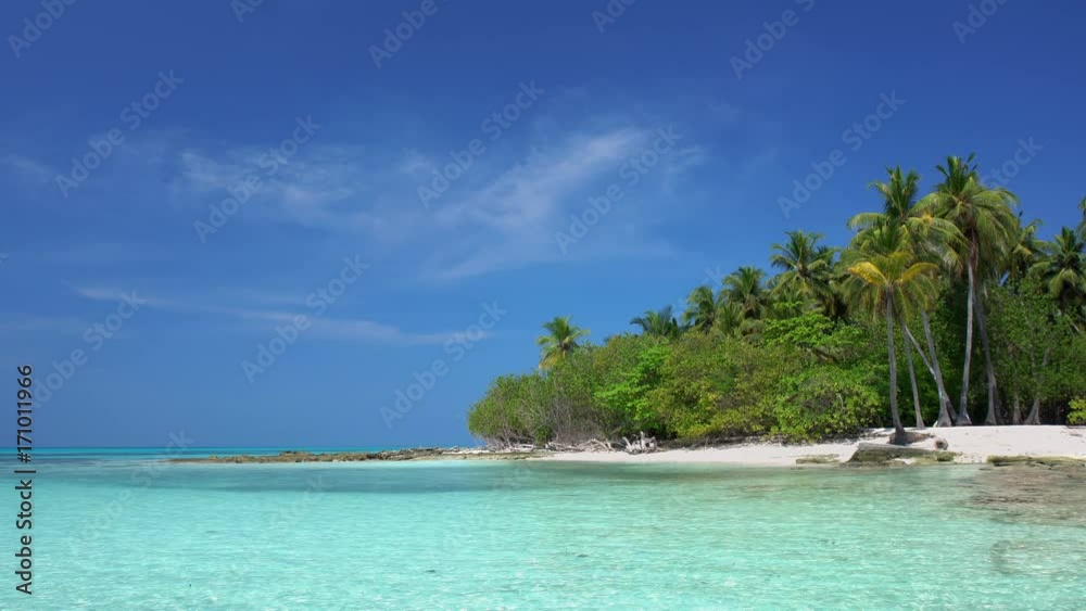 Tropical island at maldivian atoll in Indian Ocean. Wild and uninhabited coast with palm trees. Travel destinations Tropical island at maldivian atoll in Indian Ocean. Wild and uninhabited coast with palm trees. Travel destinations