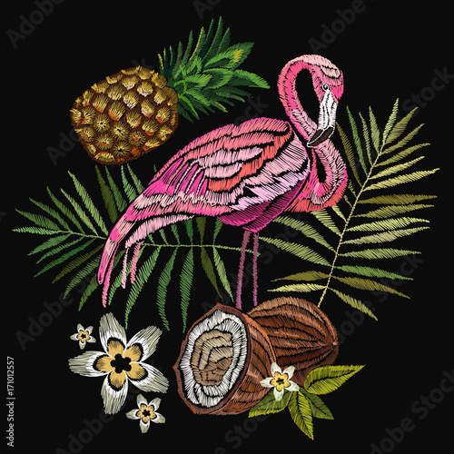 Embroidery flamingo, palm tree leaves, pineapple, coconut tropical art. Fashionable embroidery pink flamingos, tropical summer background. Fashionable template for design of clothes