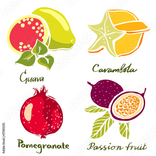 Tropical fruits set closeup isolated on white background. Guava, carambola, pomegranate, passion fruit