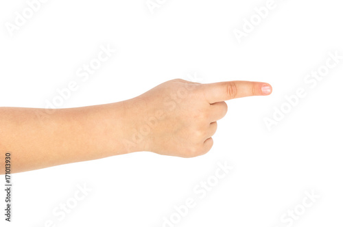 Child's hand pointing to something. Isolated on white.
