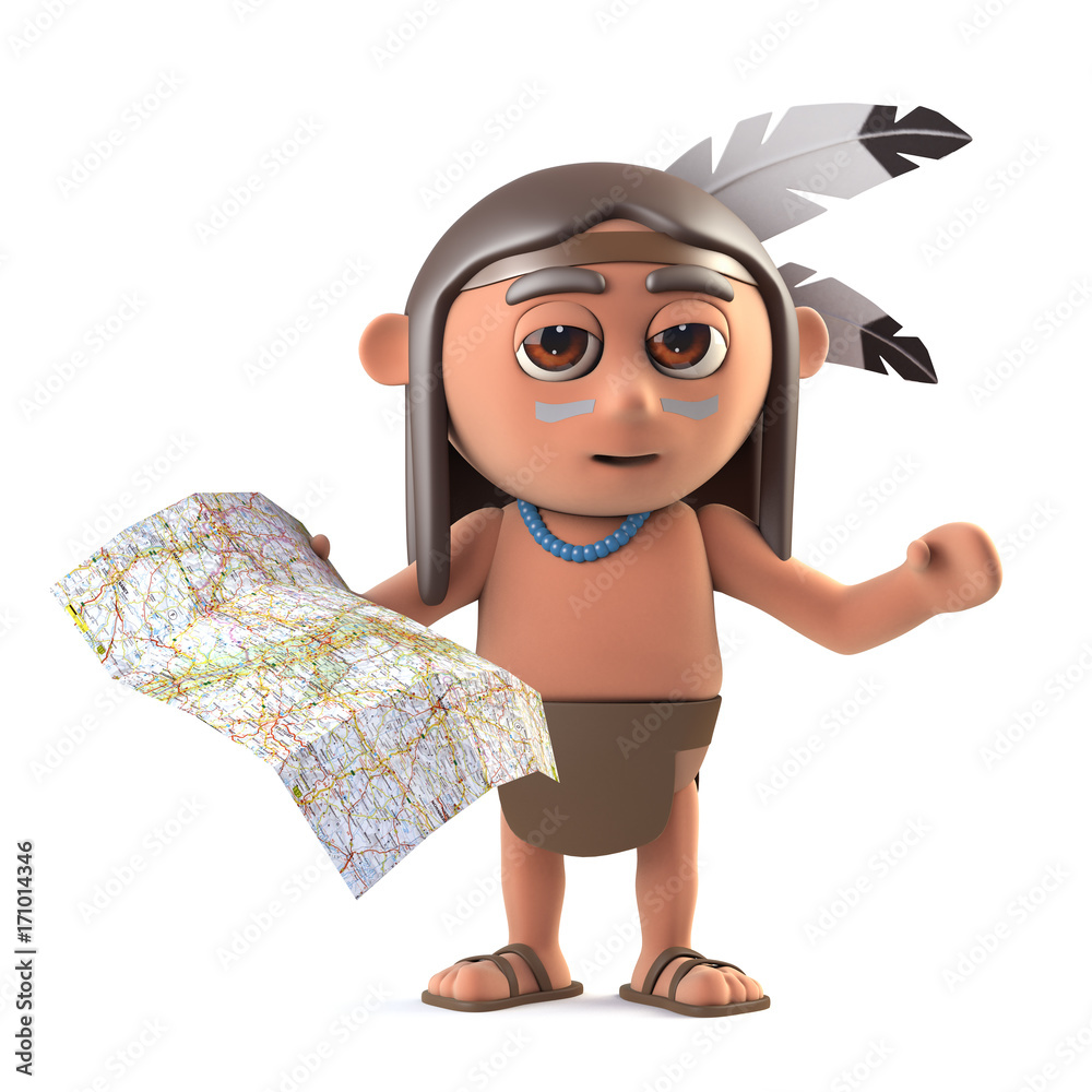 3d Funny cartoon Native American Indian is reading a map Stock Illustration  | Adobe Stock