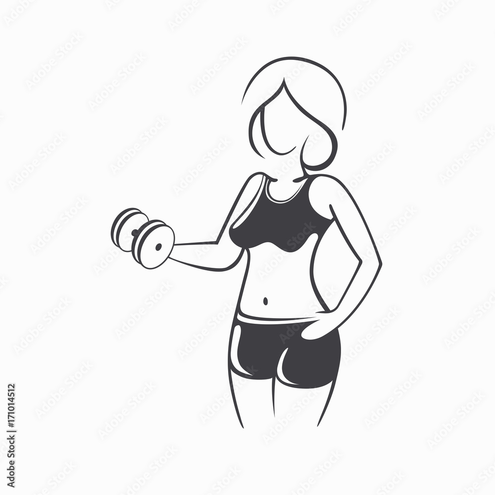 Sporty fit woman in the gym. Picture of a beautiful sexy girl with dumbbells in her hands. Vector illustration of a graphic outline silhouette Sporty fit woman in the gym. Picture of a beautiful sexy girl with dumbbells in her hands. Vector illustration of a graphic outline silhouette