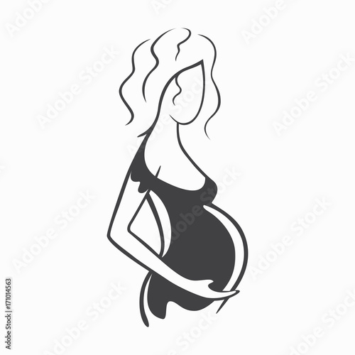 Drawing linear beautiful pregnant girl in dark clothes. Birth of a child. Vector graphic illustration, draw black and white silhouette for design.