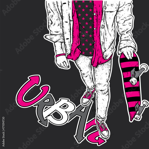 Stylish skater in jeans and sneakers. Skateboard. Vector illustration for a postcard or a poster, print for clothes. Street cultures.