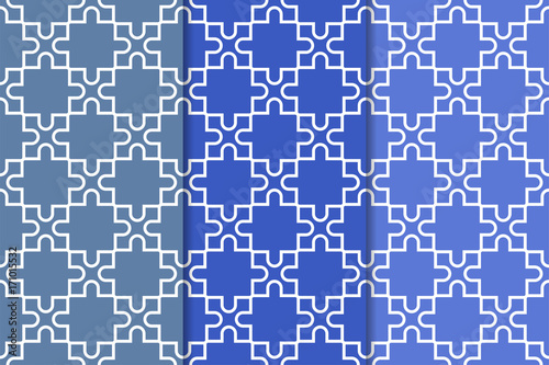 Geometric backgrounds. Set of blue seamless patterns