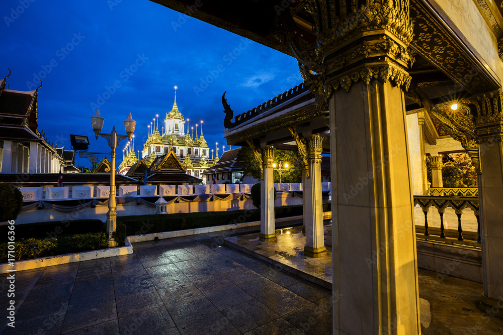 Loha Prasat light up at night, Famous Wat Ratchanatda in Bangkok, Thailand