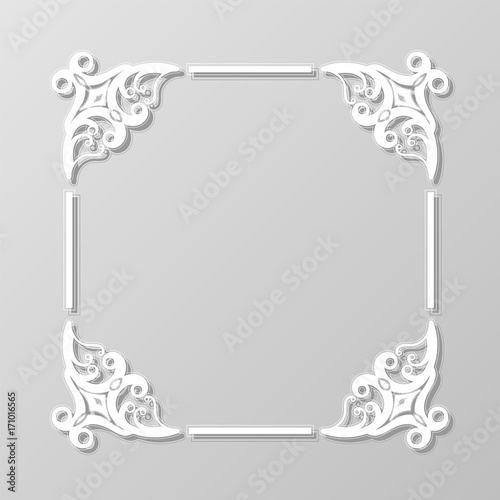 Abstract square lace frame with paper swirls, vector ornamental background, eps10