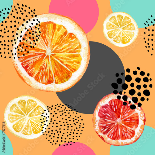 Watercolor fresh orange, grapefruit and colorful circles seamless pattern.