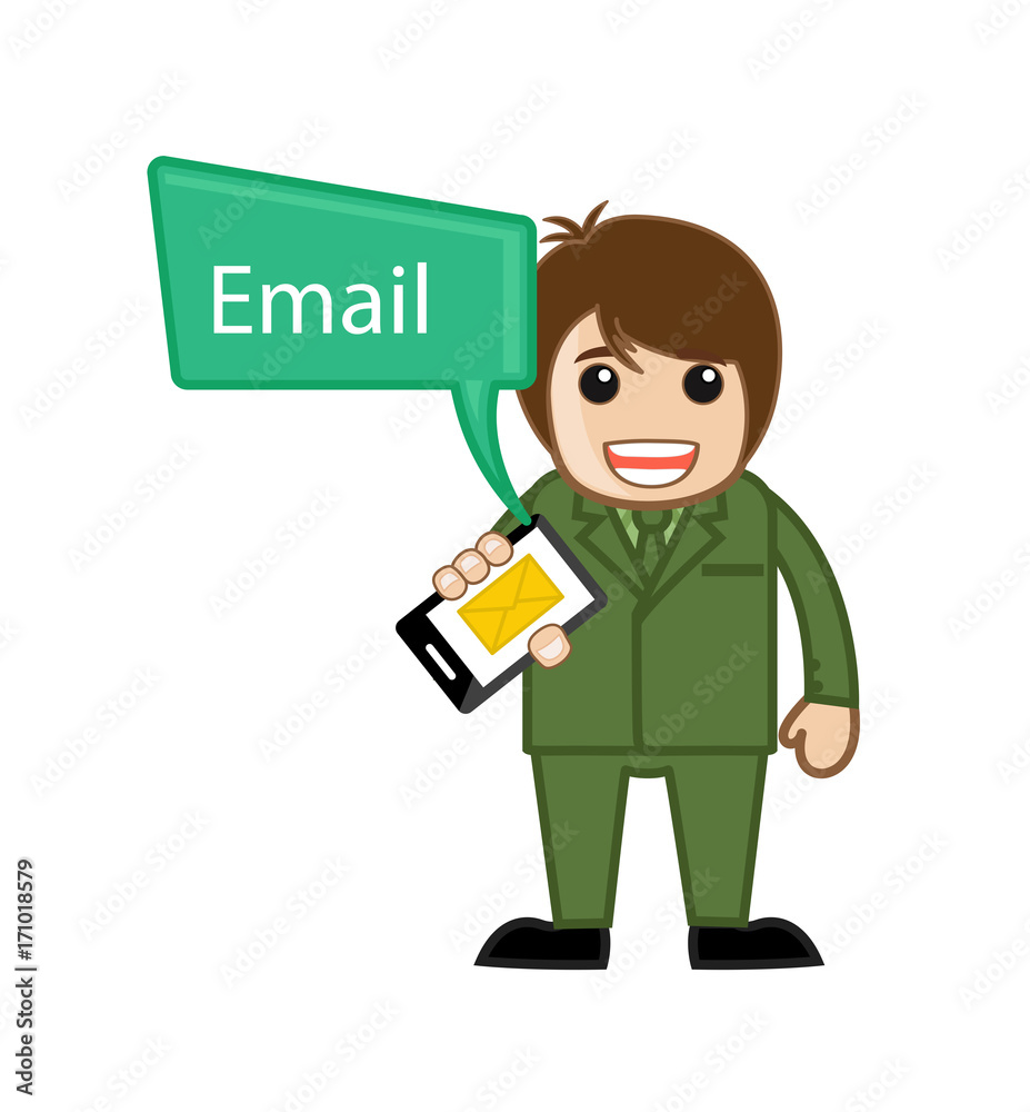 Cartoon Salesman Showing E-mail in Mobile