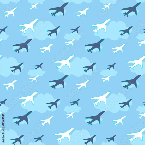 Seamless pattern with airplanes on sky background vector illustration