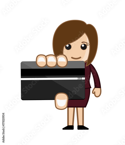 Cartoon Saleswoman Showing Credit Card