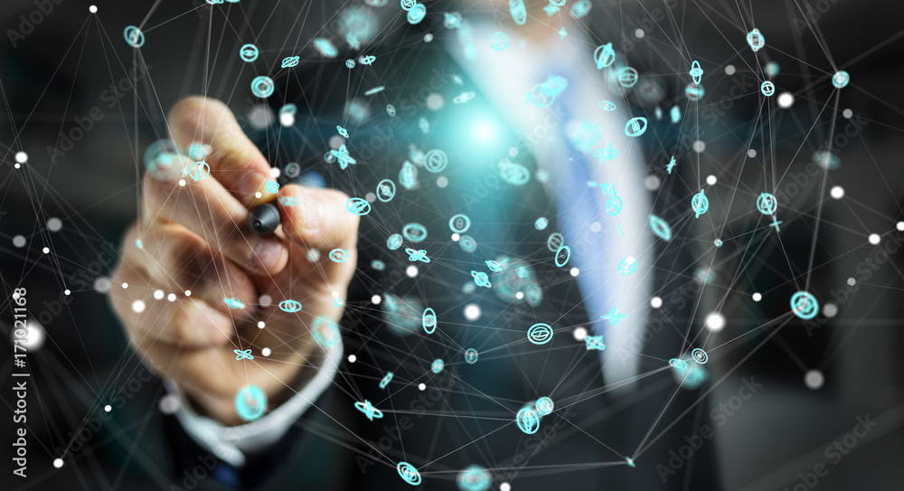 Fototapeta premium Businessman using flying network connection interface 3D rendering