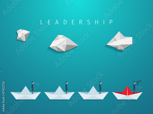 Businessman with monocular on paper boat as a symbol of business leadership. Visionary leading team, teamwork concept. Leadership concept. First place. Business success. Vector origami.